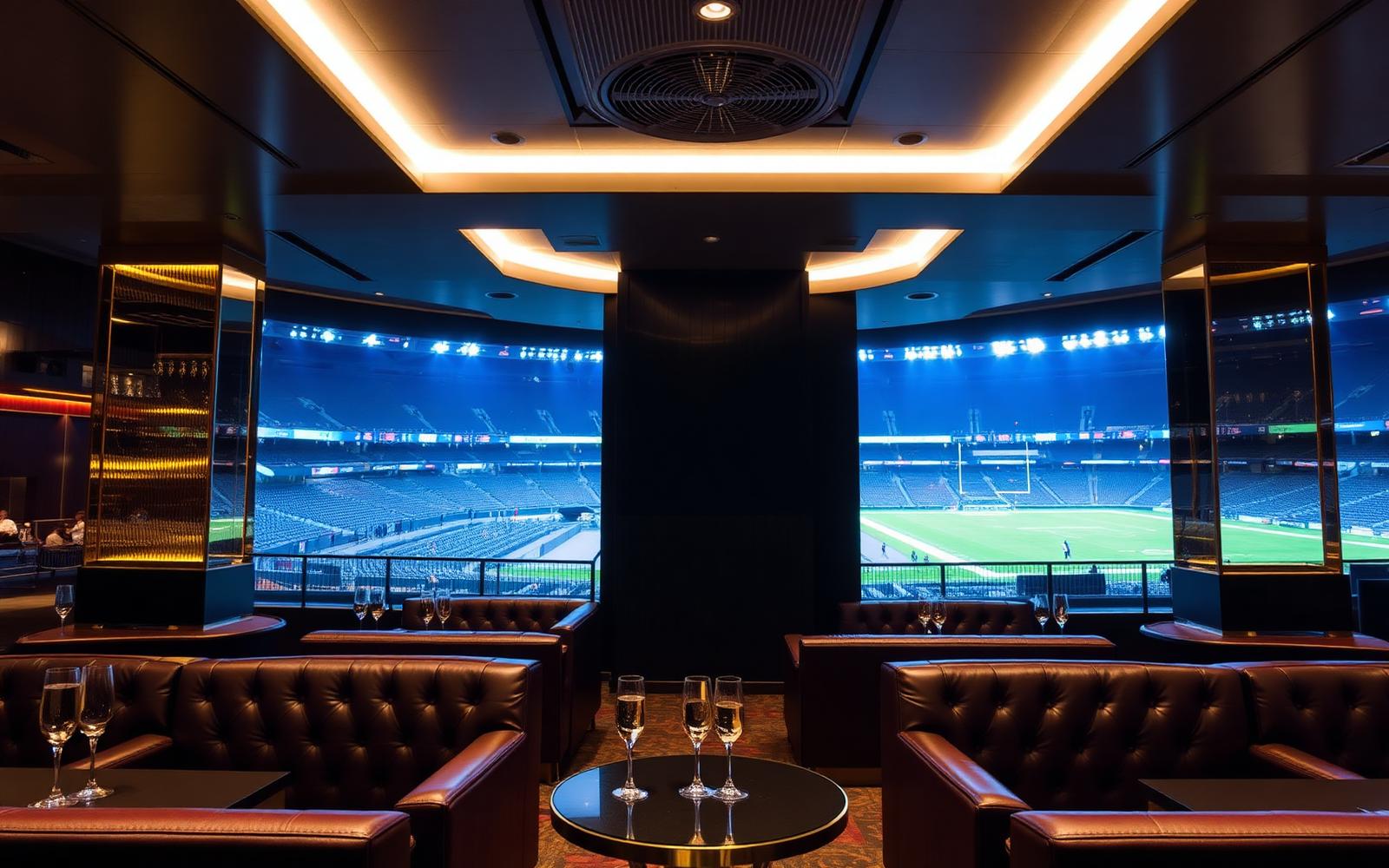 Luxury stadium hospitality lounge with leather seating and gold accents